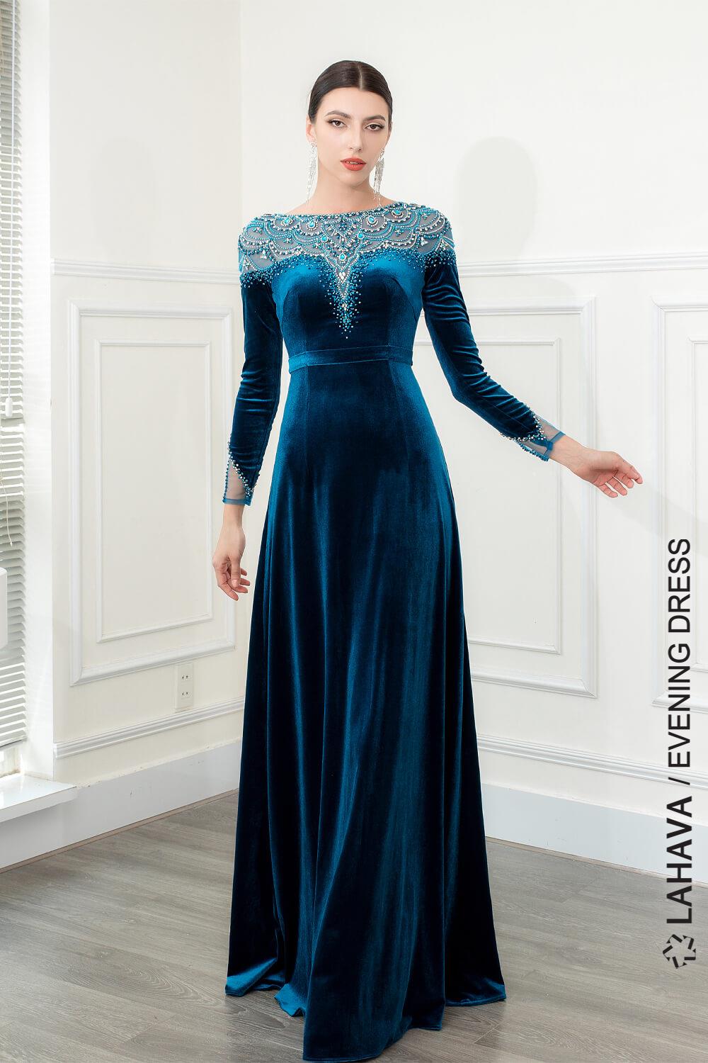Đầm dạ hội xòe màu xanh phối ren đính đá thủ công - C4129
