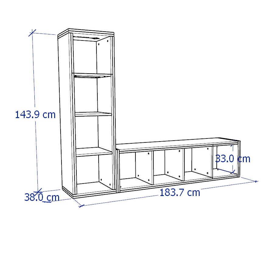 FELIX, COMBO Kệ TV kết hợp kệ sách, trưng bày chữ L SHE_044, 184x38x144cm