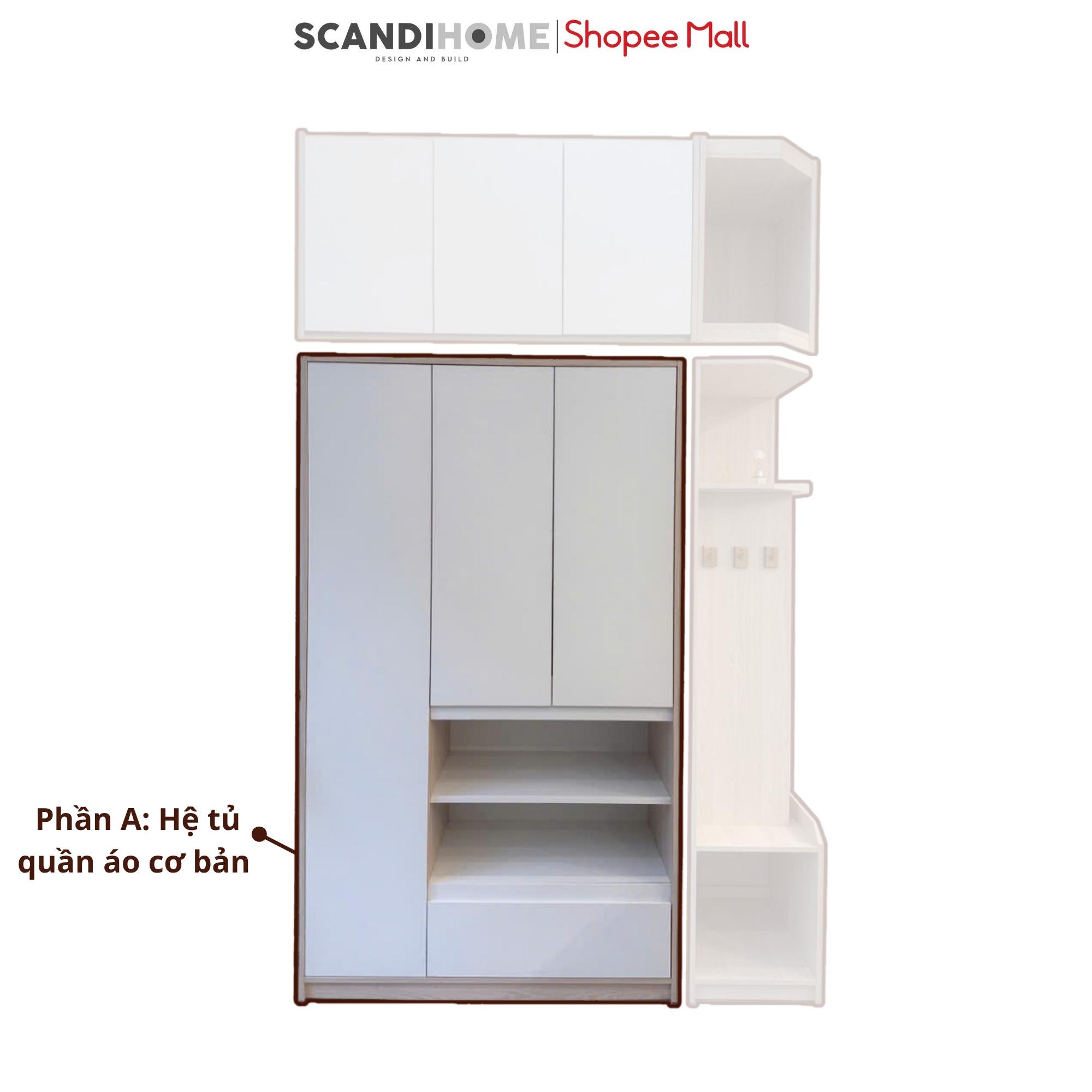 RAYA, Tủ quần áo đa năng 3 phần WAR_500, 160x60x260cm (Ngang x Sâu x Cao), Scandi Home