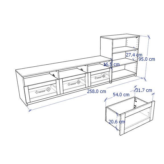 KALUA, COMBO Kệ TV 3 hộc kéo kết hợp tủ 3 tầng STO_053, 258x41x95cm