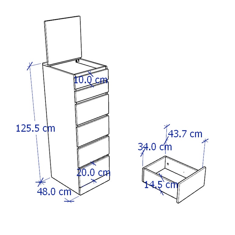 MOLTENI, Tủ lưu trữ đồ dùng 6 ngăn kéo kèm gương DRA_022, 40x48x126cm
