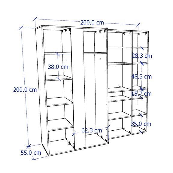 SOSIA, COMBO Tủ quần áo kèm kệ sách, trưng bày đồ dùng WAR_032, 200x55x200cm