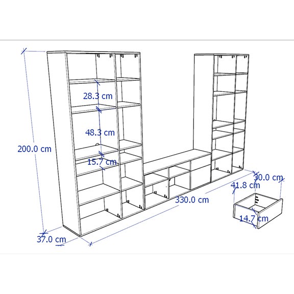 SOSIA, COMBO Kệ TV kết hợp bộ đôi kệ lưu trữ 6 tầng STO_078, 330x37x200cm