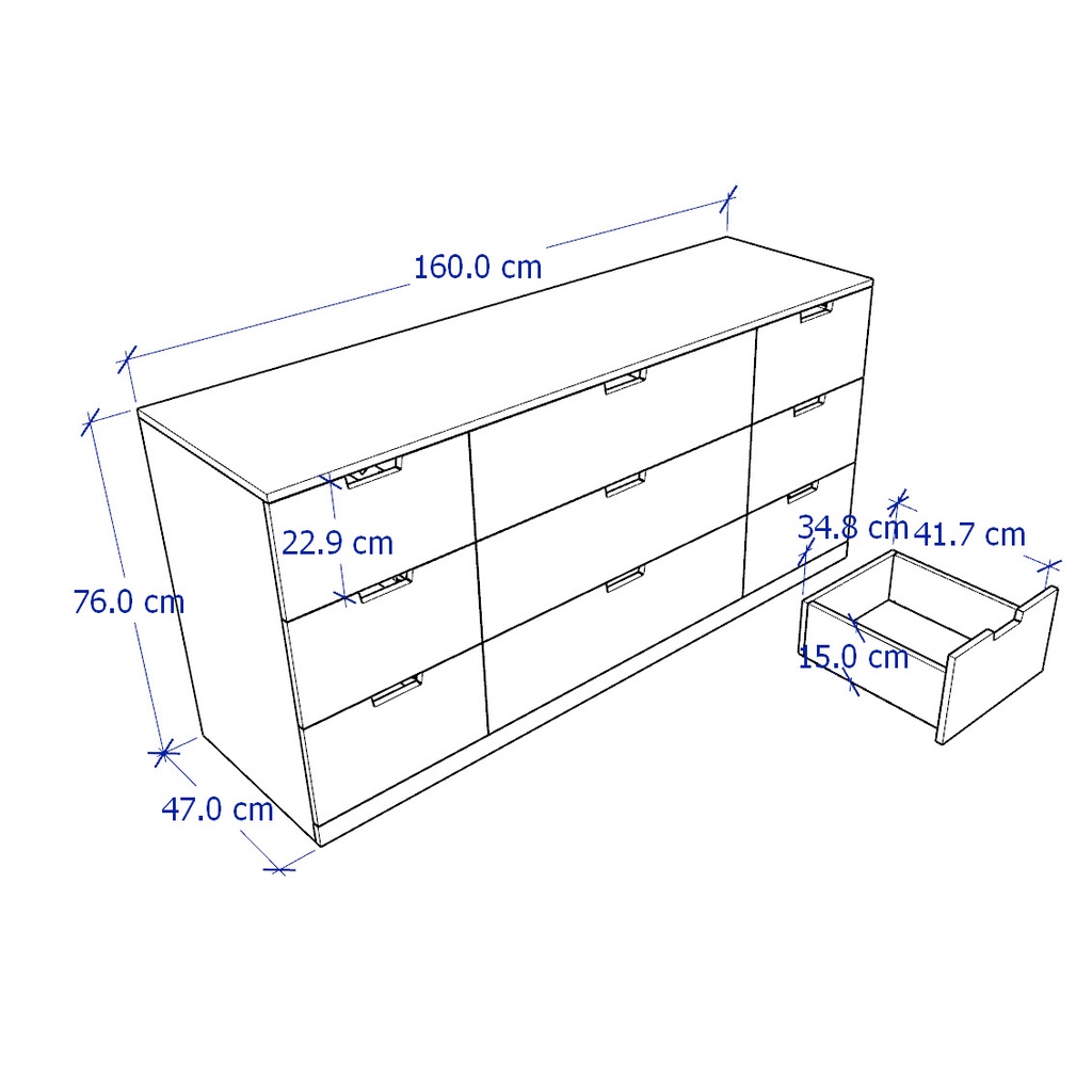 BANALDO, Tủ lưu trữ 3 tầng 9 hộc kéo DRA_057, 160x47x76cm