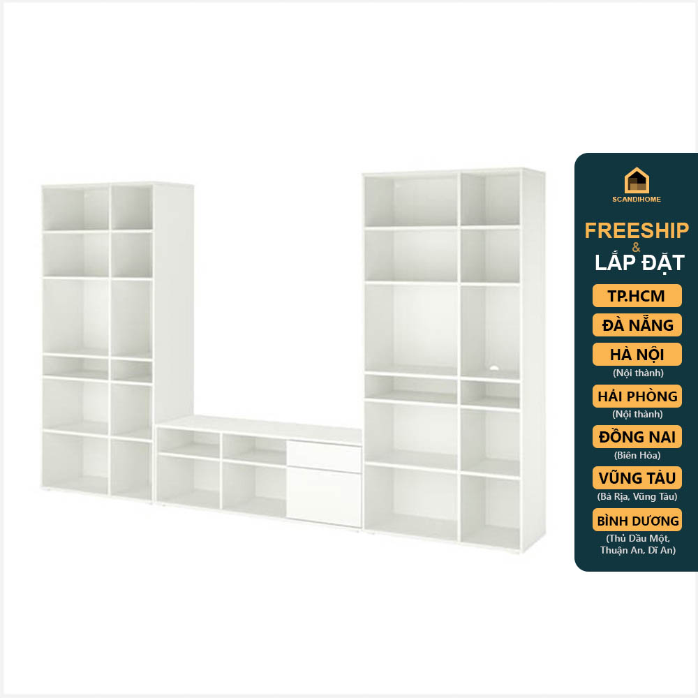 SOSIA, COMBO Kệ TV kết hợp bộ đôi kệ lưu trữ 6 tầng STO_078, 330x37x200cm