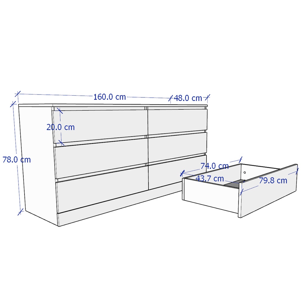 MOLTENI, Tủ lưu trữ đồ 3 tầng 6 ngăn kéo DRA_002, 160x48x78cm