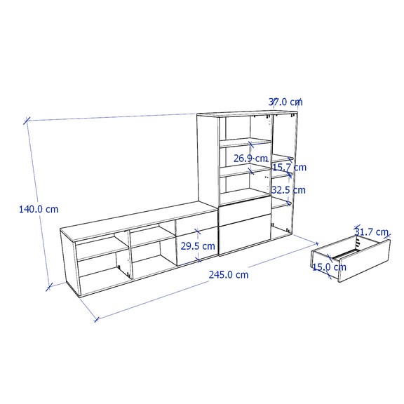 SOSIA, COMBO 2 Kệ lưu trữ đồ dùng kèm hộc kéo STO_080, 251x37x140cm