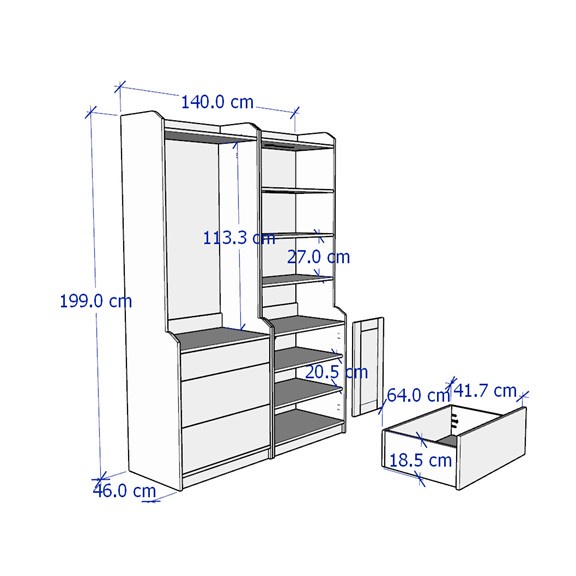 BAHIA, COMBO Tủ quần áo treo kết hợp kệ trưng bày STO_066, 140x46x199cm