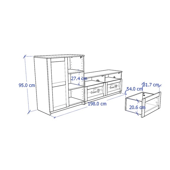 KALUA, COMBO Kệ TV 2 hộc kéo kết hợp tủ 3 tầng STO_051, 198x41x95cm