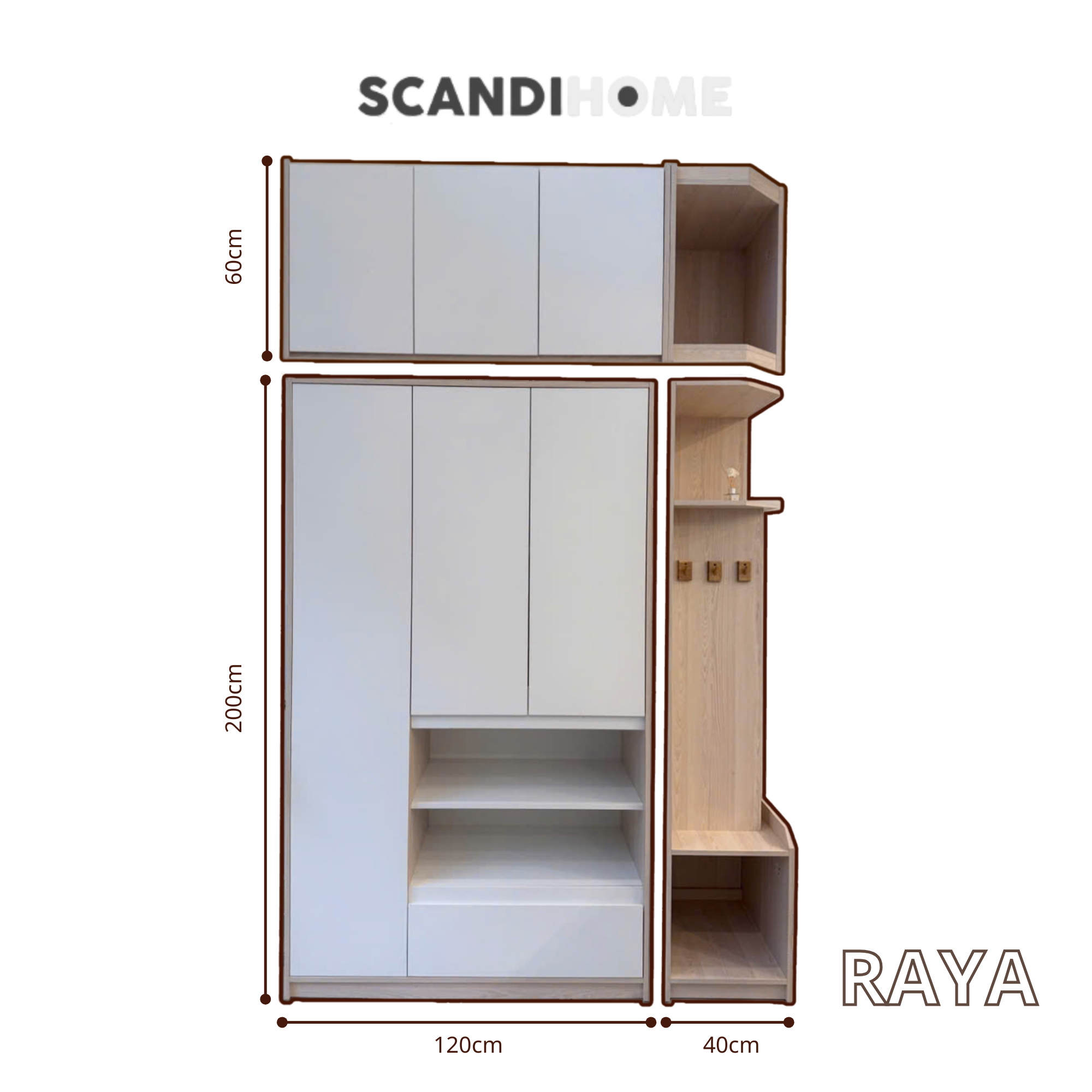 RAYA, Tủ quần áo đa năng 3 phần WAR_500, 160x60x260cm (Ngang x Sâu x Cao), Scandi Home