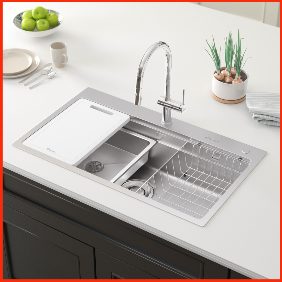 Bề mặt inox 304 chống xước của chậu rửa KONOX KN8751TS giúp giữ độ sáng bóng bền lâu