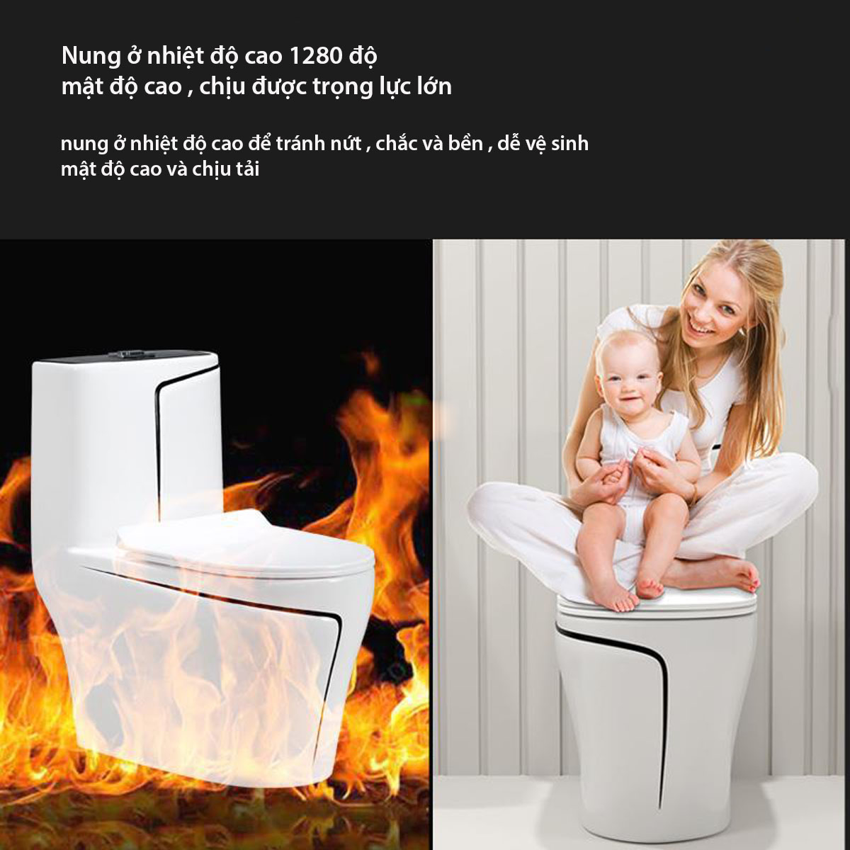 Bệ xí liền khối R6090W được nung ở nhiệt độ cao 1280°C giúp tăng độ bền và chống thấm nước
