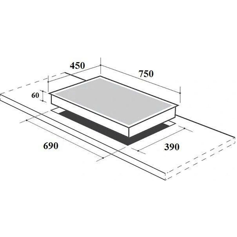 Kích thước bếp từ Canzy CZ 9928GM chuẩn 750x450mm, khoét đá 690x390mm