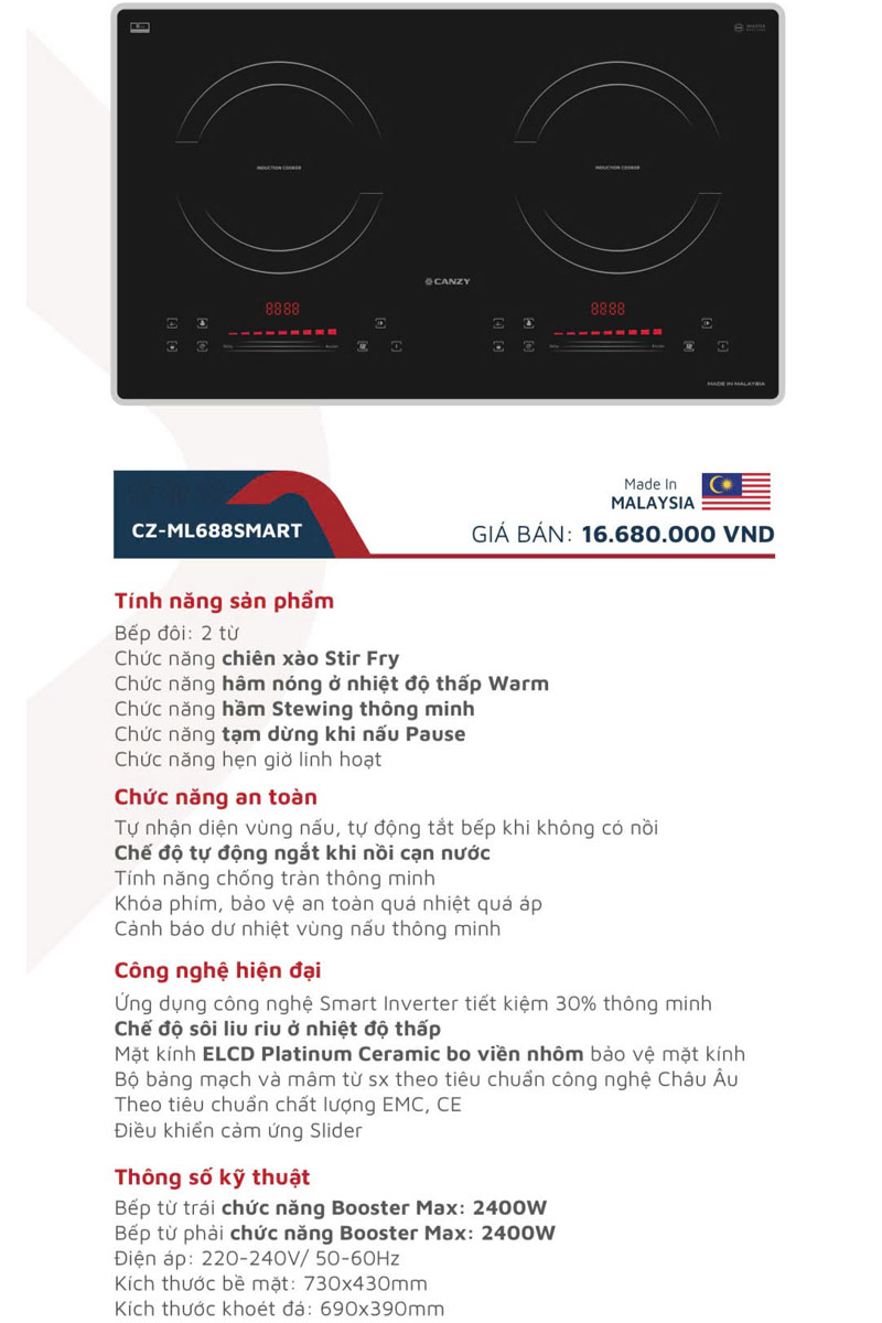 Bếp từ Canzy CZ ML688Smart điều khiển cảm ứng Slide hiện đại, dễ sử dụng