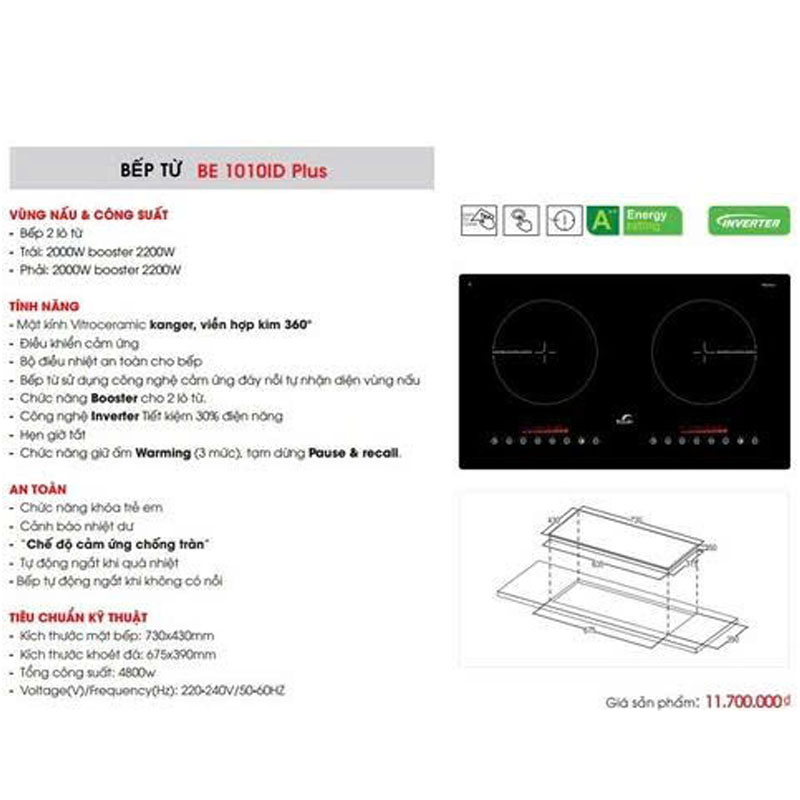 Bếp từ đôi Bauer BE 1010ID Plus trang bị khóa trẻ em và nhiều tính năng an toàn