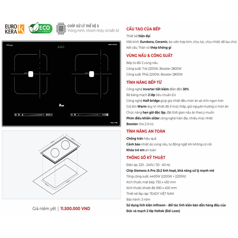 Kích thước lắp đặt bếp từ Teady TD-906 730x430mm