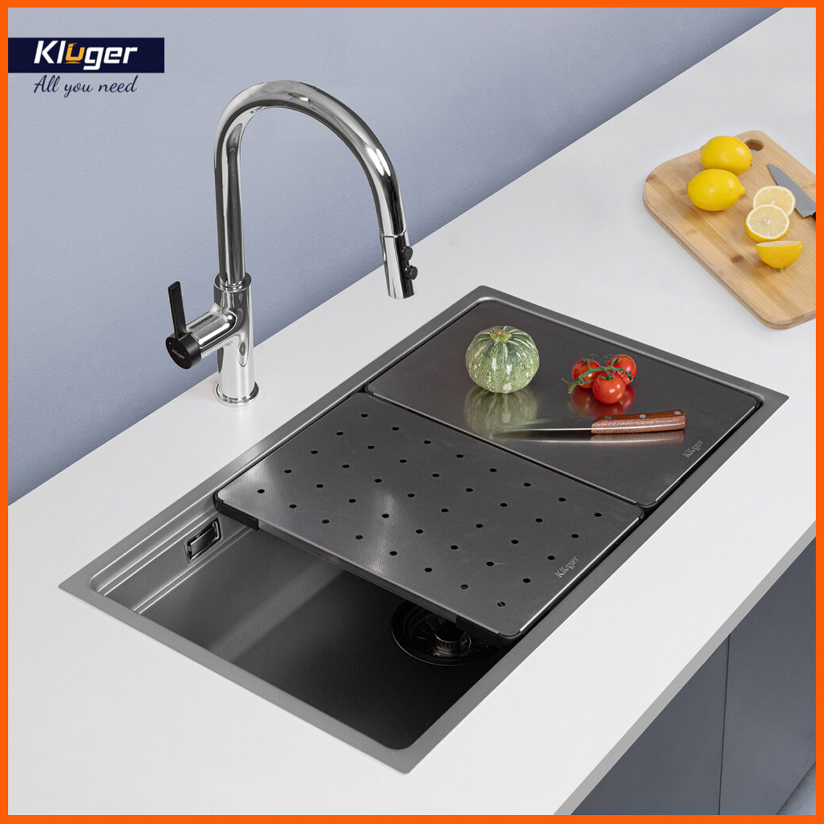 Bộ phụ kiện thông minh đi kèm chậu rửa bát Kluger KWU8161FS – thớt, chậu nhỏ, giỏ