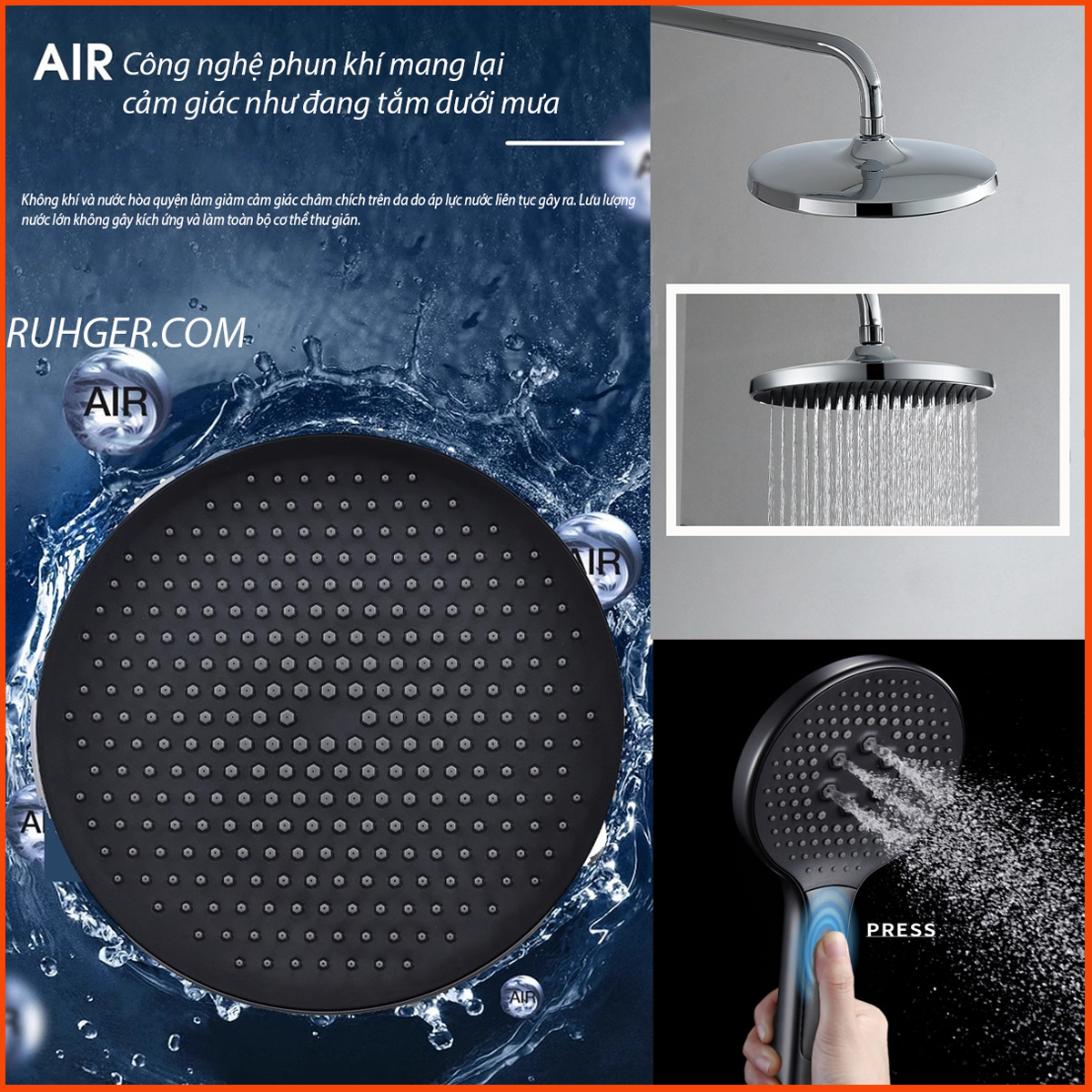Bộ vòi sen RGL S3006LUX với công nghệ phun khí hiện đại, giúp dòng nước mạnh nhưng êm ái, giảm áp lực lên da