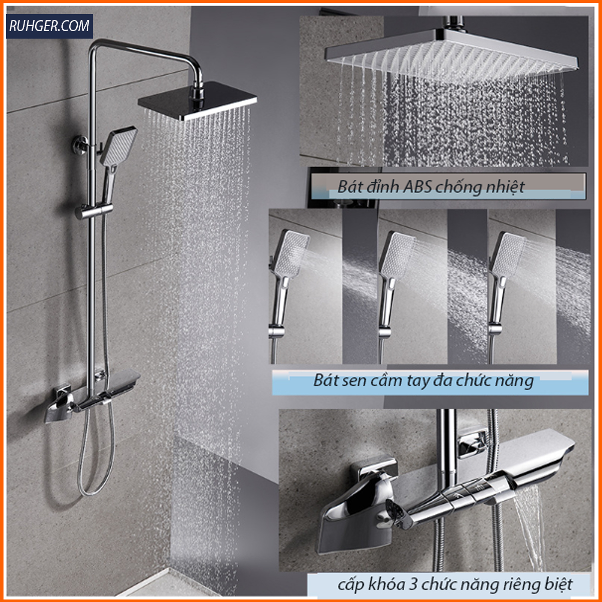 Bộ vòi sen tắm đứng RGL S3009LUX chính hãng, thiết kế sang trọng, lớp mạ chrome 4 lớp