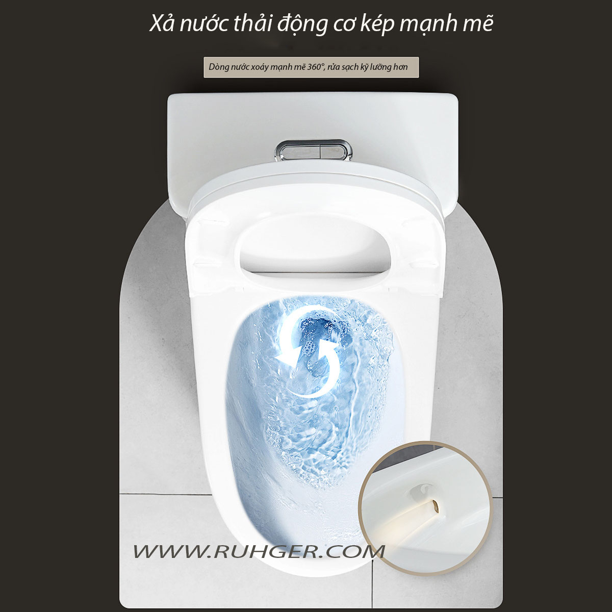 Bồn cầu LK138 với hệ thống xả xoáy mạnh, cuốn trôi mọi vết bẩn chỉ trong 1.5 giây