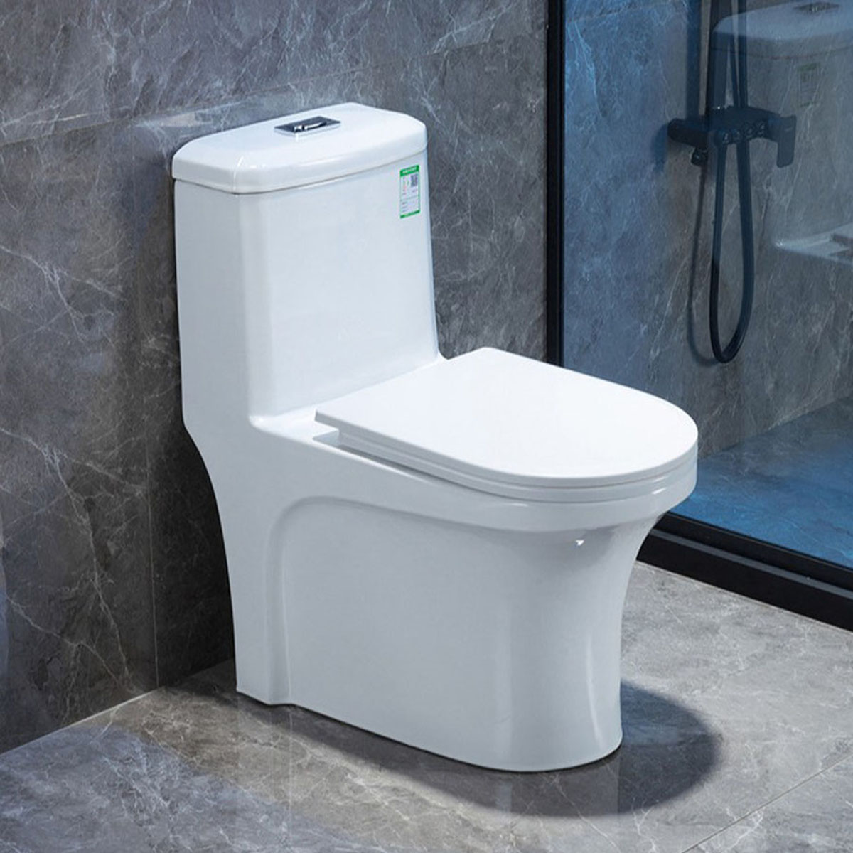 Bồn cầu 1 khối men tuyết cao cấp, xả xoáy 4 chiều chống tắc, nắp đóng êm – Chính hãng Ruhger, bảo hành 3 năm