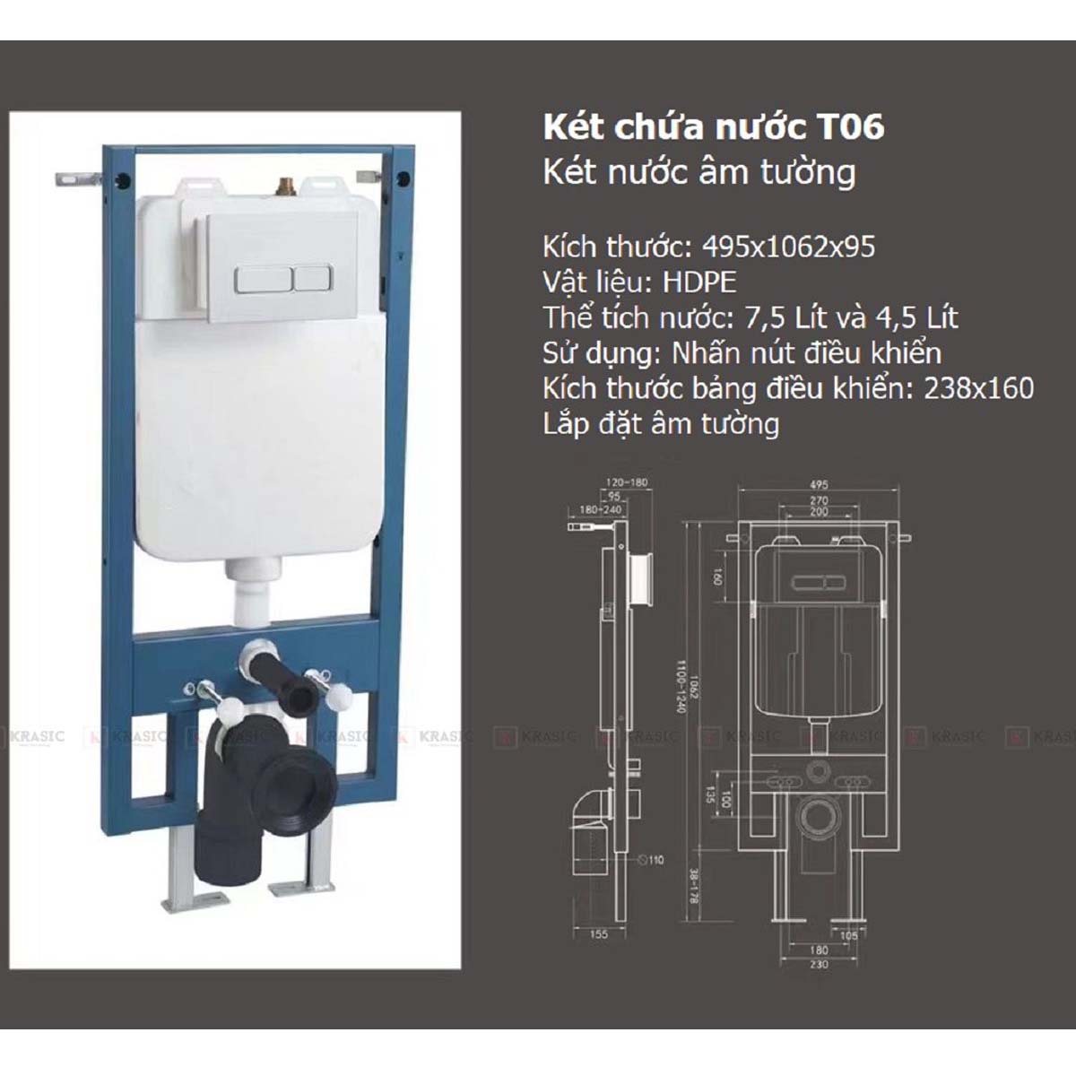 Bồn cầu KRASIC K-66 với két nước âm tường, tiết kiệm không gian, thẩm mỹ cao