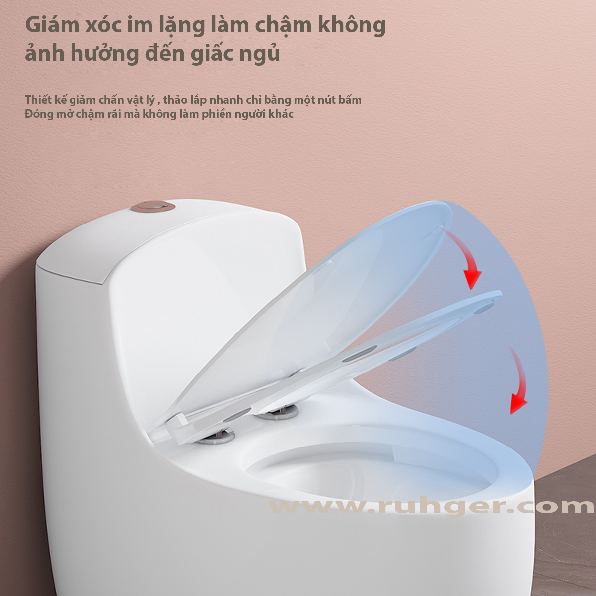 Bồn cầu CR6666 với nắp rơi êm, đóng mở nhẹ nhàng, không gây tiếng ồn, bảo vệ giấc ngủ gia đình