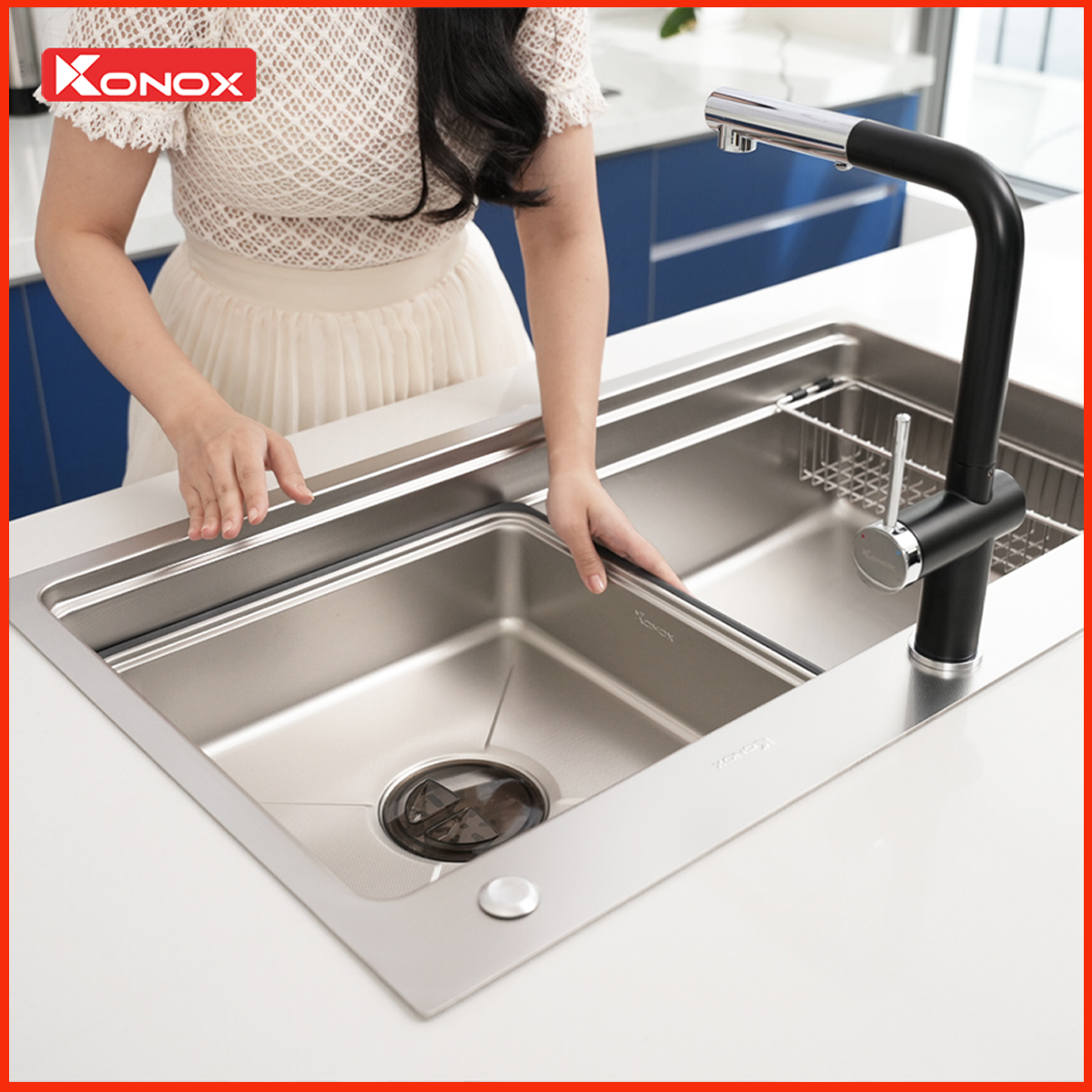 Chậu rửa KONOX KN8751TS tích hợp workstation – Gờ hạ bậc và phụ kiện tiện ích đi kèm