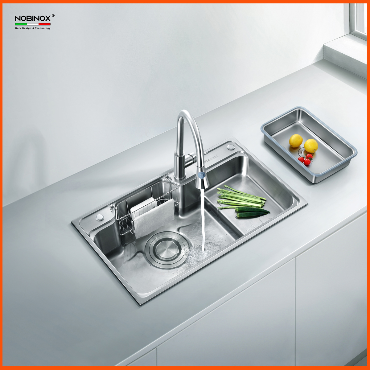 Chậu rửa Nobinox NH905 có bàn chờ tiện lợi, inox sáng bóng
