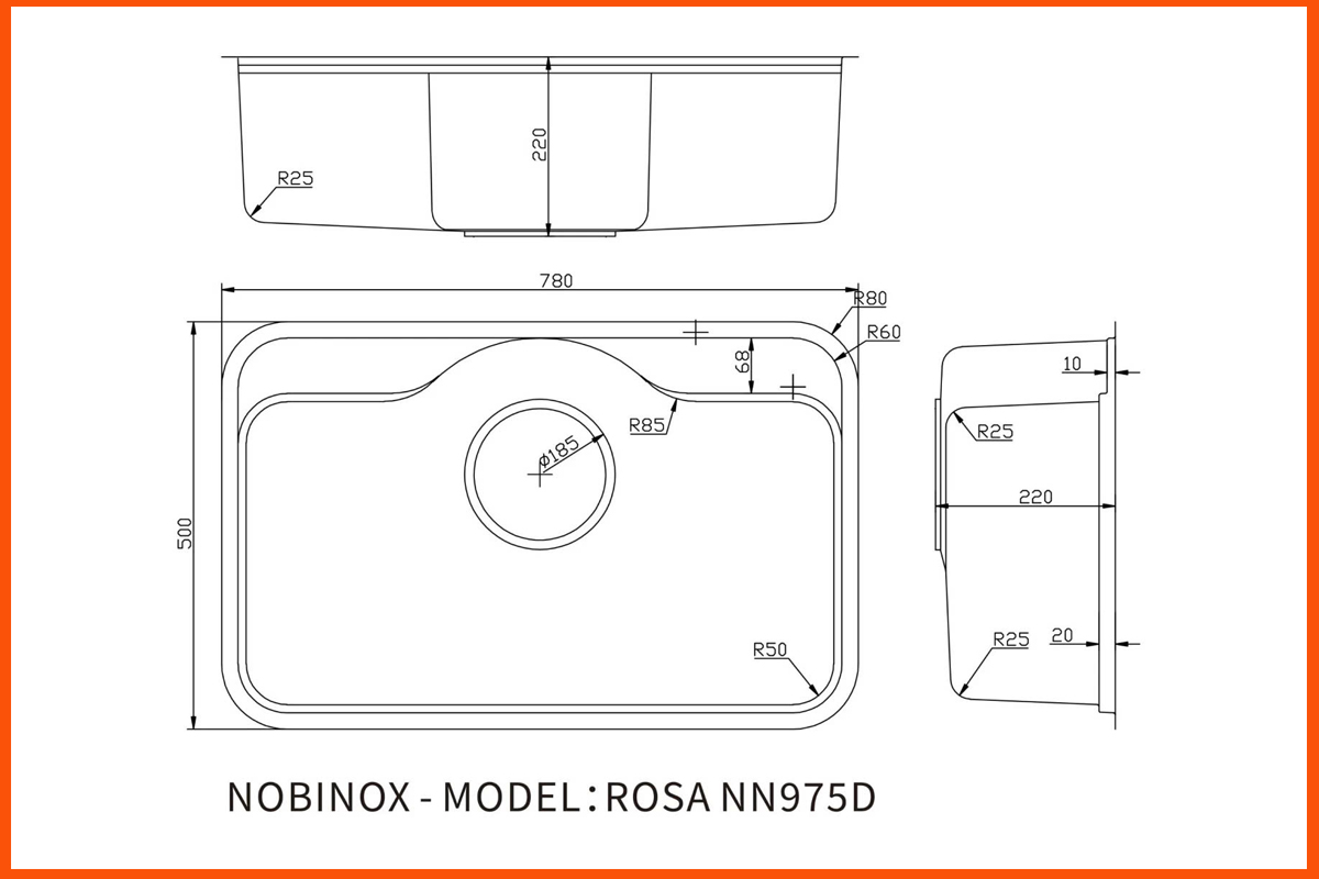 Bản vẽ chi tiết sản phẩm chậu rửa bát Nobinox ROSA  NN975D