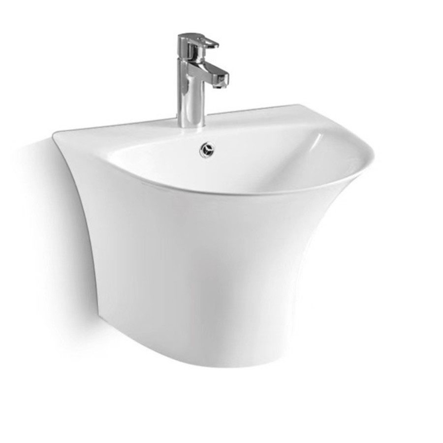  "Chậu rửa mặt liền chân treo tường trong combo phòng tắm K58 - Thiết kế thanh lịch, chất liệu sứ cao cấp, chống bám bẩn, dễ vệ sinh, tối ưu không gian."