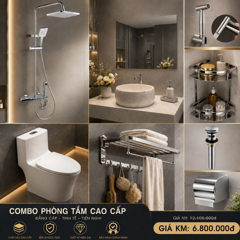 Trọn bộ combo thiết bị vệ sinh phòng tắm CB002 cao cấp 10 món đầy đủ