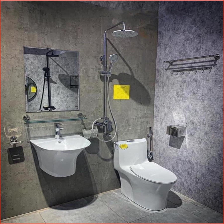 Combo thiết bị vệ sinh phòng tắm k59 – Bộ 8 món cao cấp gồm bồn cầu men tuyết, sen tắm nóng lạnh, chậu lavabo treo tường, gương tráng bạc, vòi lavabo, vắt khăn giàn, xịt vệ sinh inox 304.