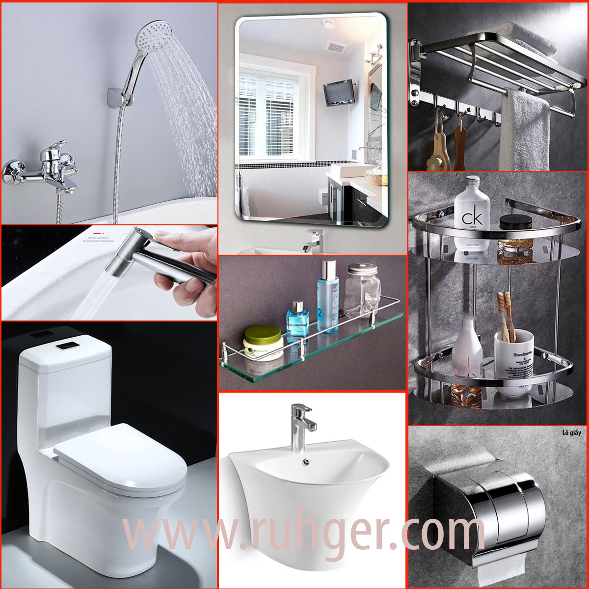 Combo thiết bị vệ sinh phòng tắm SKL01 – Trọn bộ 9 món cao cấp, giá tốt, bảo hành 5 năm tại www.ruhger.com