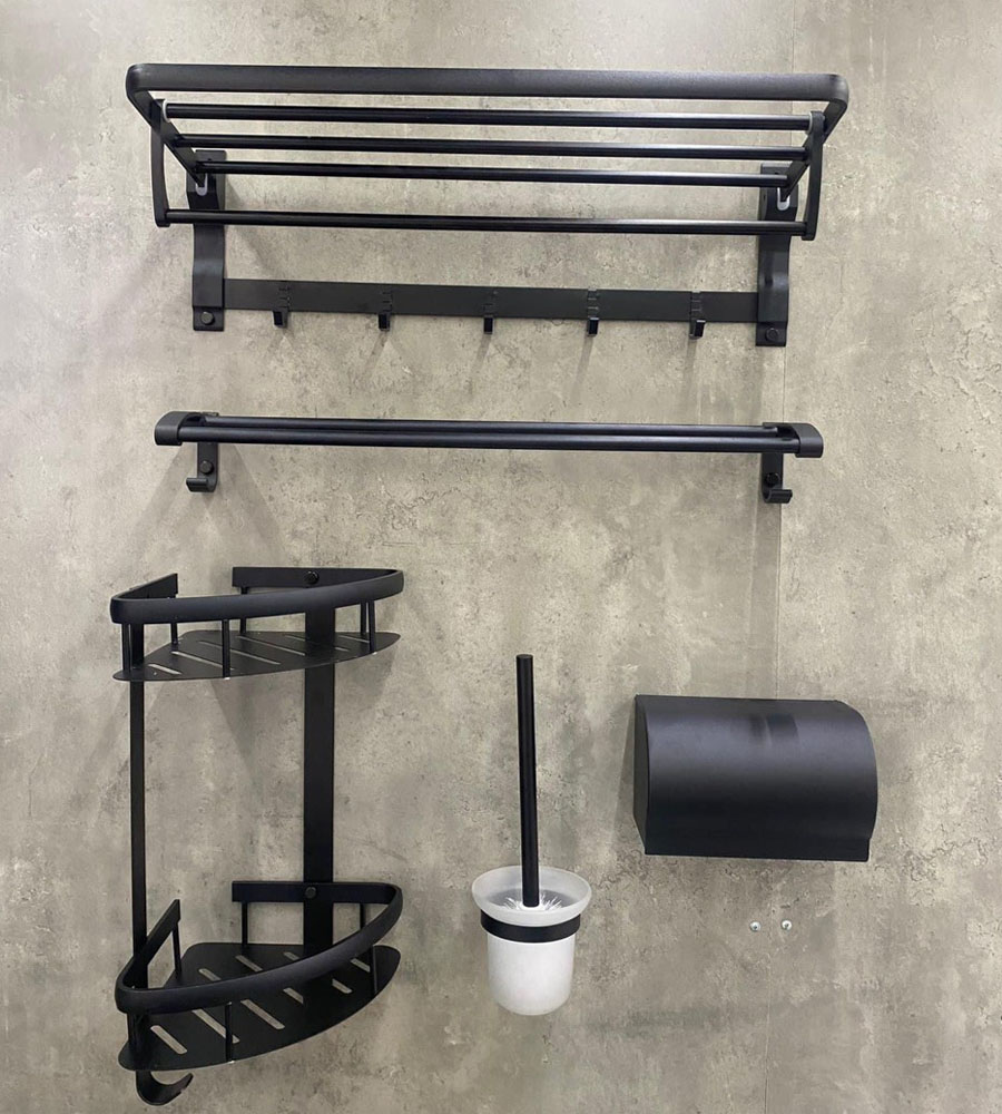 Bộ phụ kiện phòng tắm FTF35 – Gồm vắt khăn giàn, kệ góc, lô giấy, chổi cọ toilet