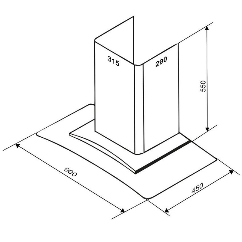 Kích thước kỹ thuật máy hút mùi Sevilla SV 790 – rộng 900mm, ống thoát khí Ø150mm.
