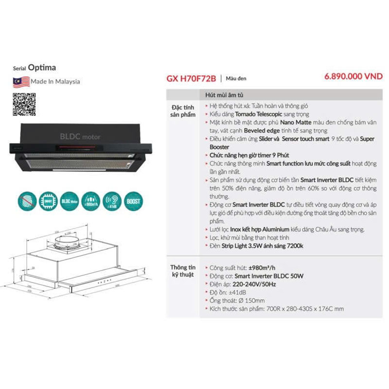 Thông Số Kỹ Thuật Máy hút mùi áp tủ GrandX GX H70F72B