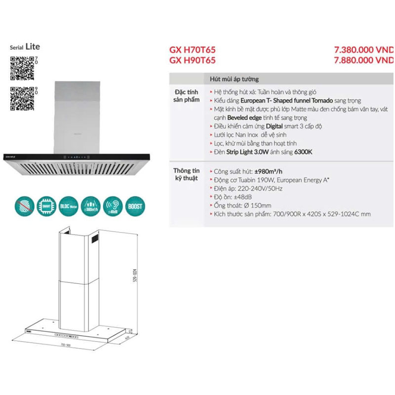 Thông Số Kỹ Thuật Máy hút mùi áp tường GrandX GX H90T65