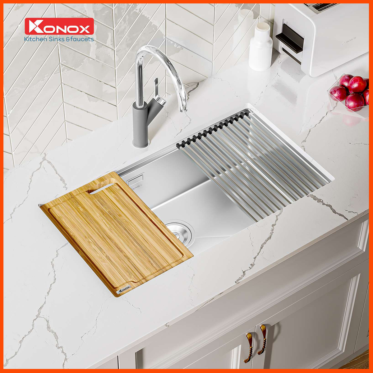 Chậu rửa bát Konox KN8046SU inox 304 cao cấp, thiết kế workstation sink lắp âm bàn đá