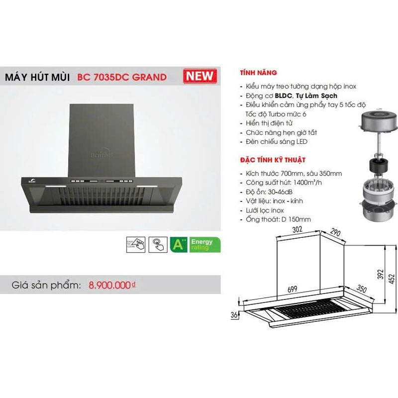 Máy hút mùi BC 7035DC Grand chính hãng – thiết kế slim sang trọng.
