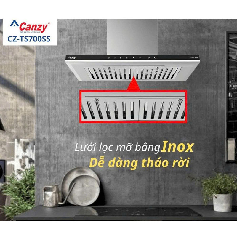 Lưới lọc nhôm 5 lớp dễ tháo rửa của máy hút mùi chữ T Canzy CZ TS700SS