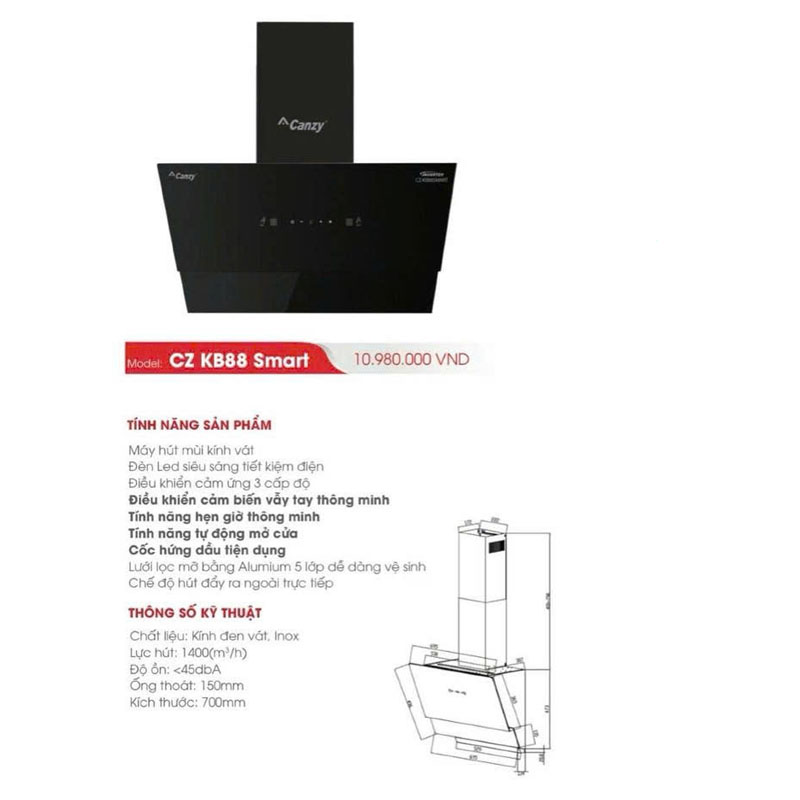 Lưới lọc inox 5 lớp bền bỉ và dễ vệ sinh trên máy hút mùi Canzy KB88 Smart