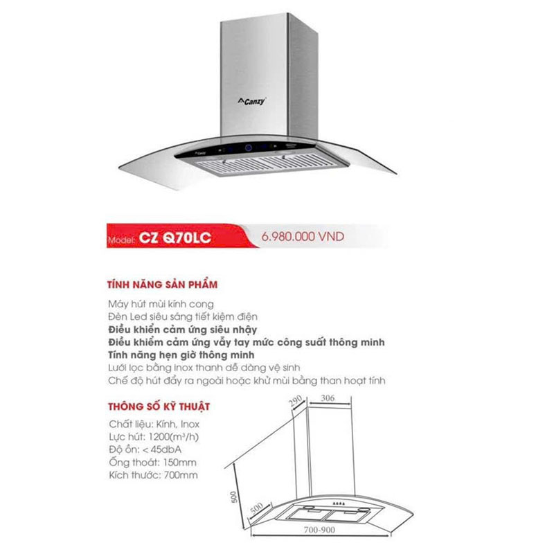 Thông số kỹ thuật Máy hút mùi Canzy Q70LC