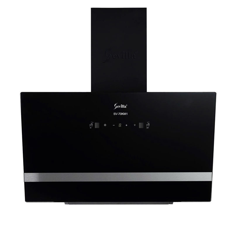 Máy hút mùi Sevilla SV-70KM1 thiết kế kính vát sang trọng, phù hợp mọi không gian bếp hiện đại.
