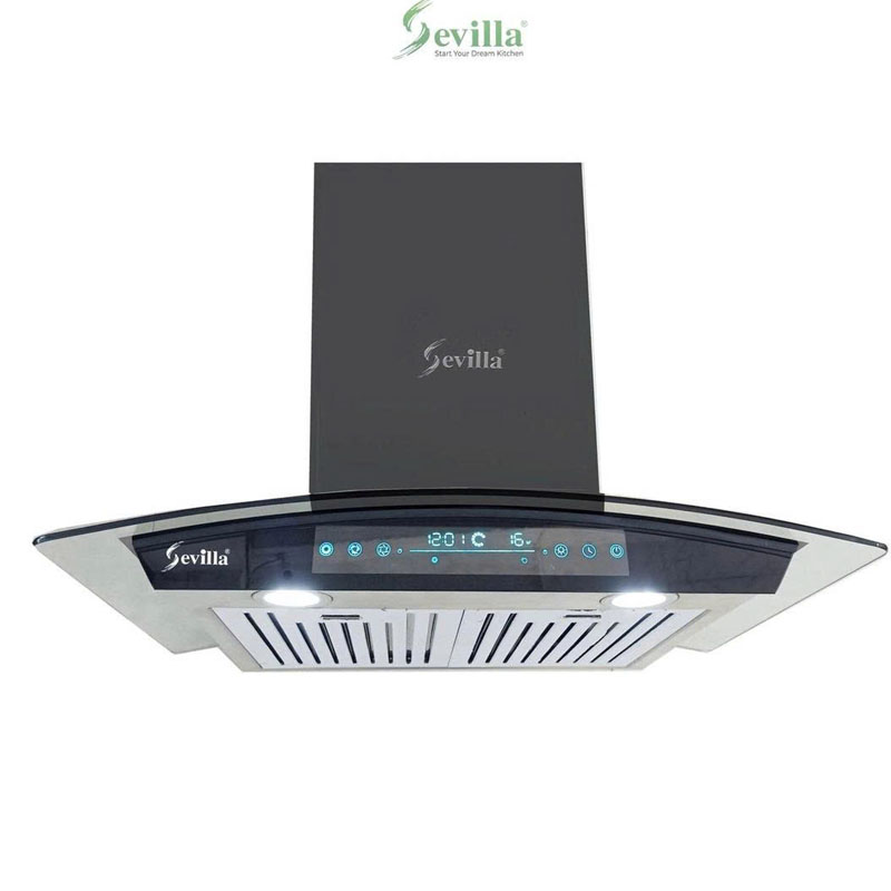 Máy hút mùi Sevilla SV 770 kính cong sang trọng, công suất 1000m³/h, thiết kế hiện đại cho không gian bếp.