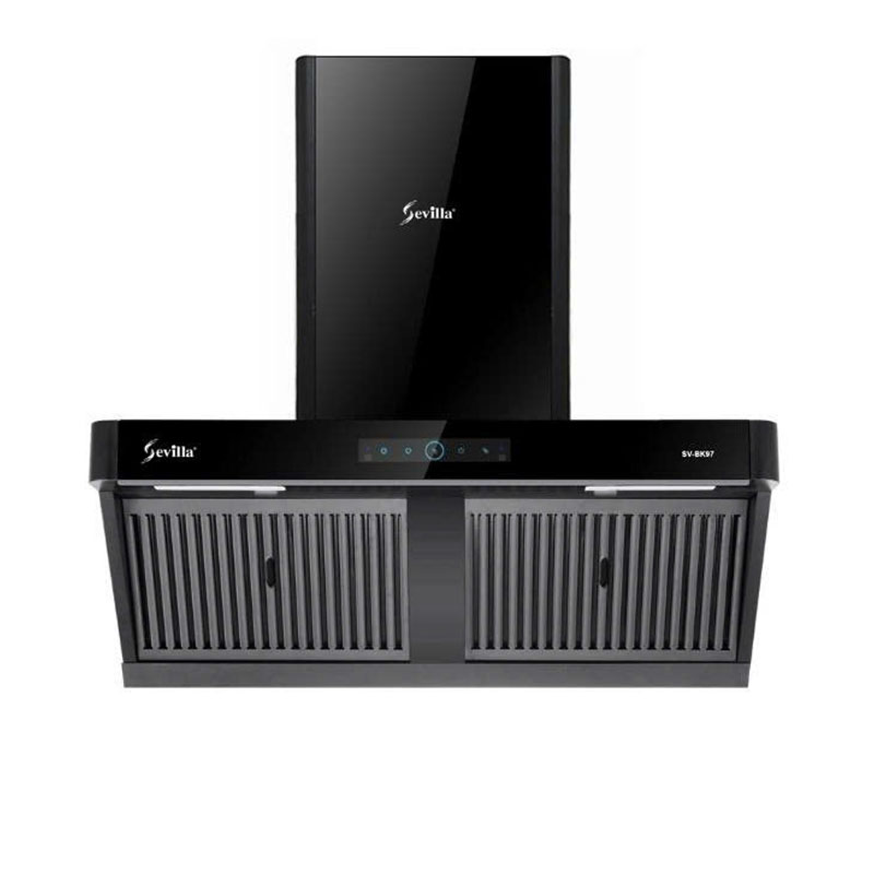 Máy hút mùi Sevilla SV BK97 nhìn nghiêng, kiểu dáng kính vát sang trọng