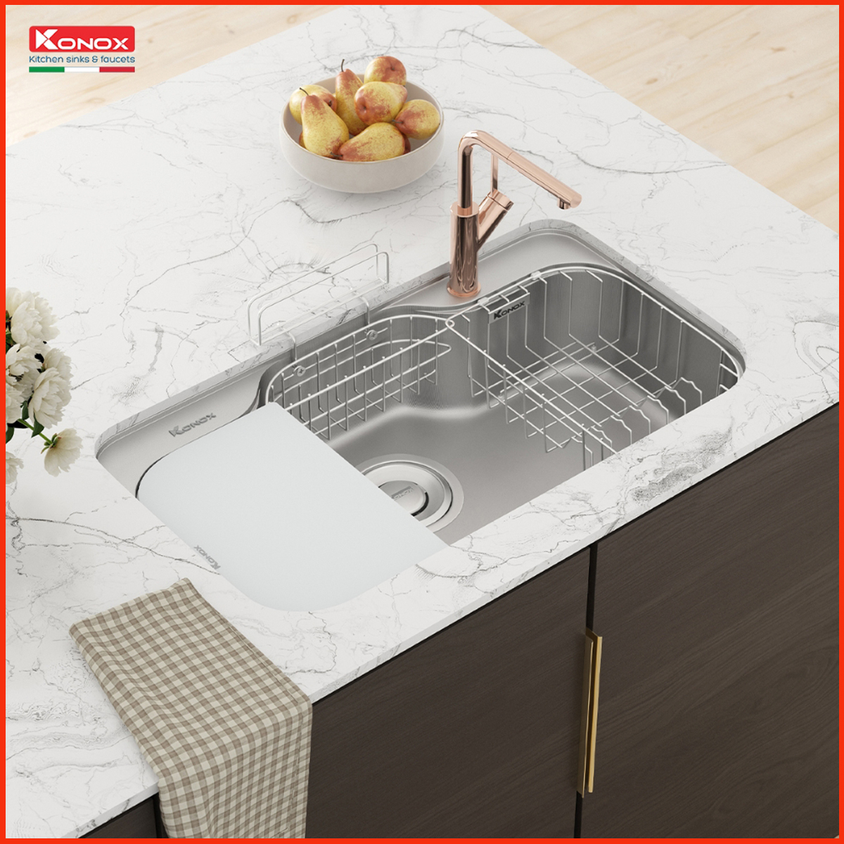 Phụ kiện đi kèm chậu rửa Konox TARI 9051SR: thớt, rổ phụ, giá úp bát inox