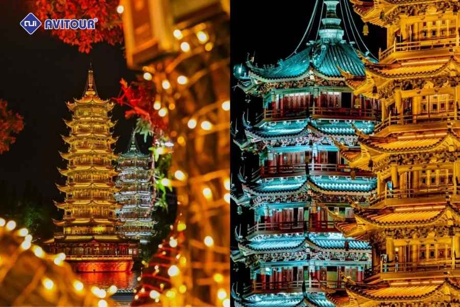 Tháp Đôi Nhật Nguyệt - Tuyệt cảnh lung linh soi bóng hồ Quế Lâm