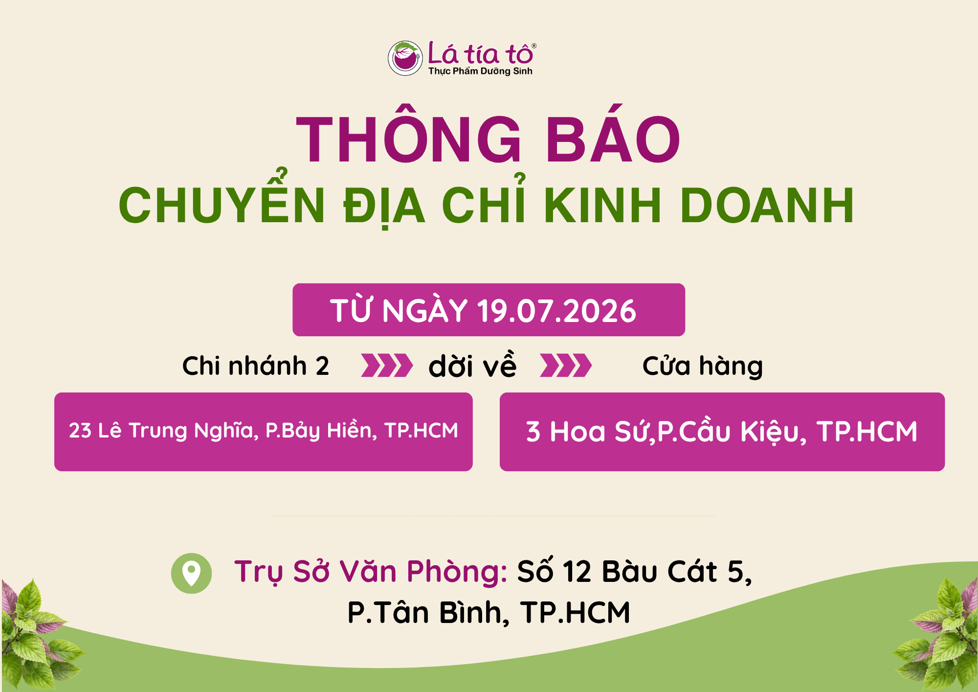 Lá Tía Tô chuyển địa chỉ kinh doanh.