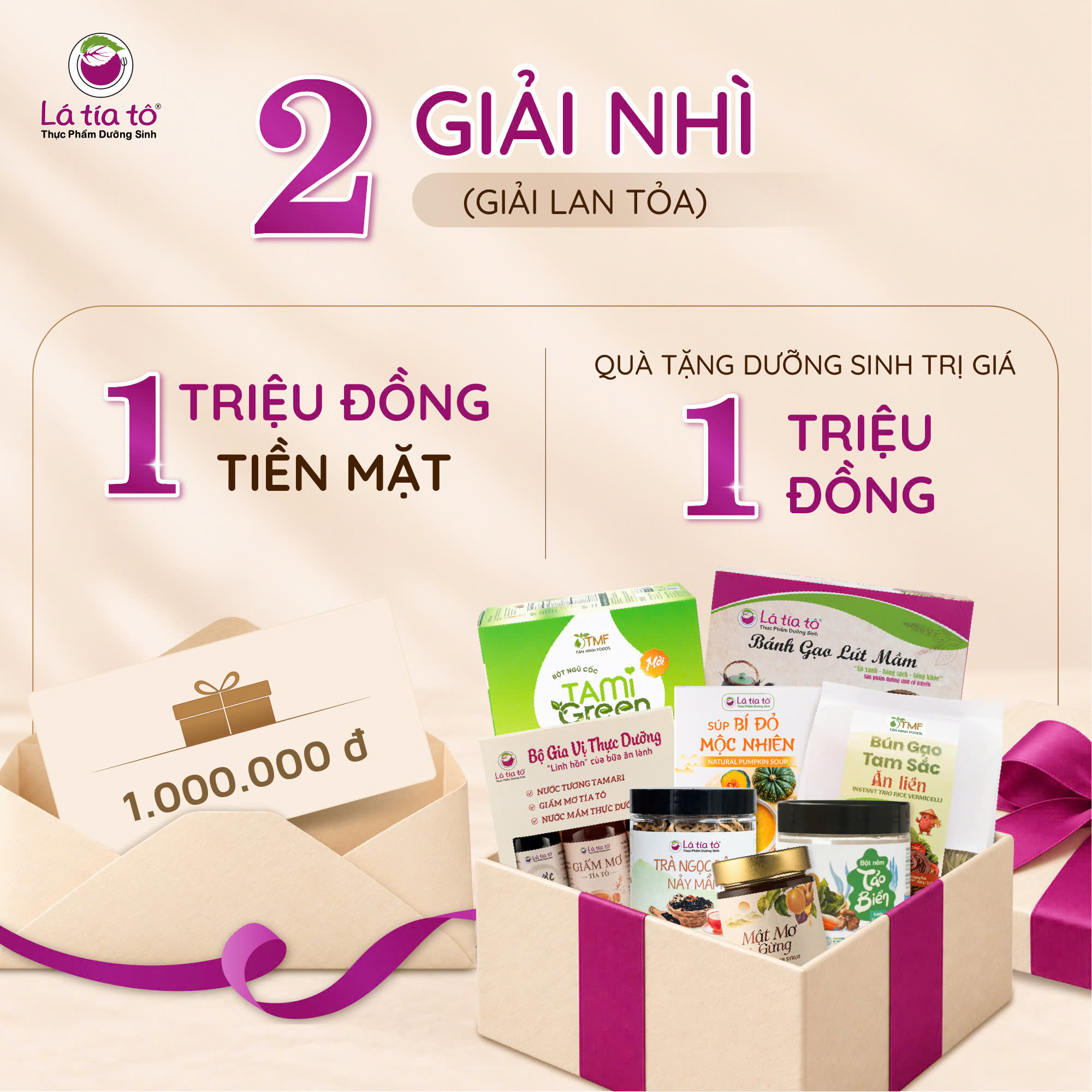 2 giải nhì, mỗi giải gồm 1 triệu đồng tiền mặt và quà tặng dưỡng sinh trị giá 1 triệu đồng.